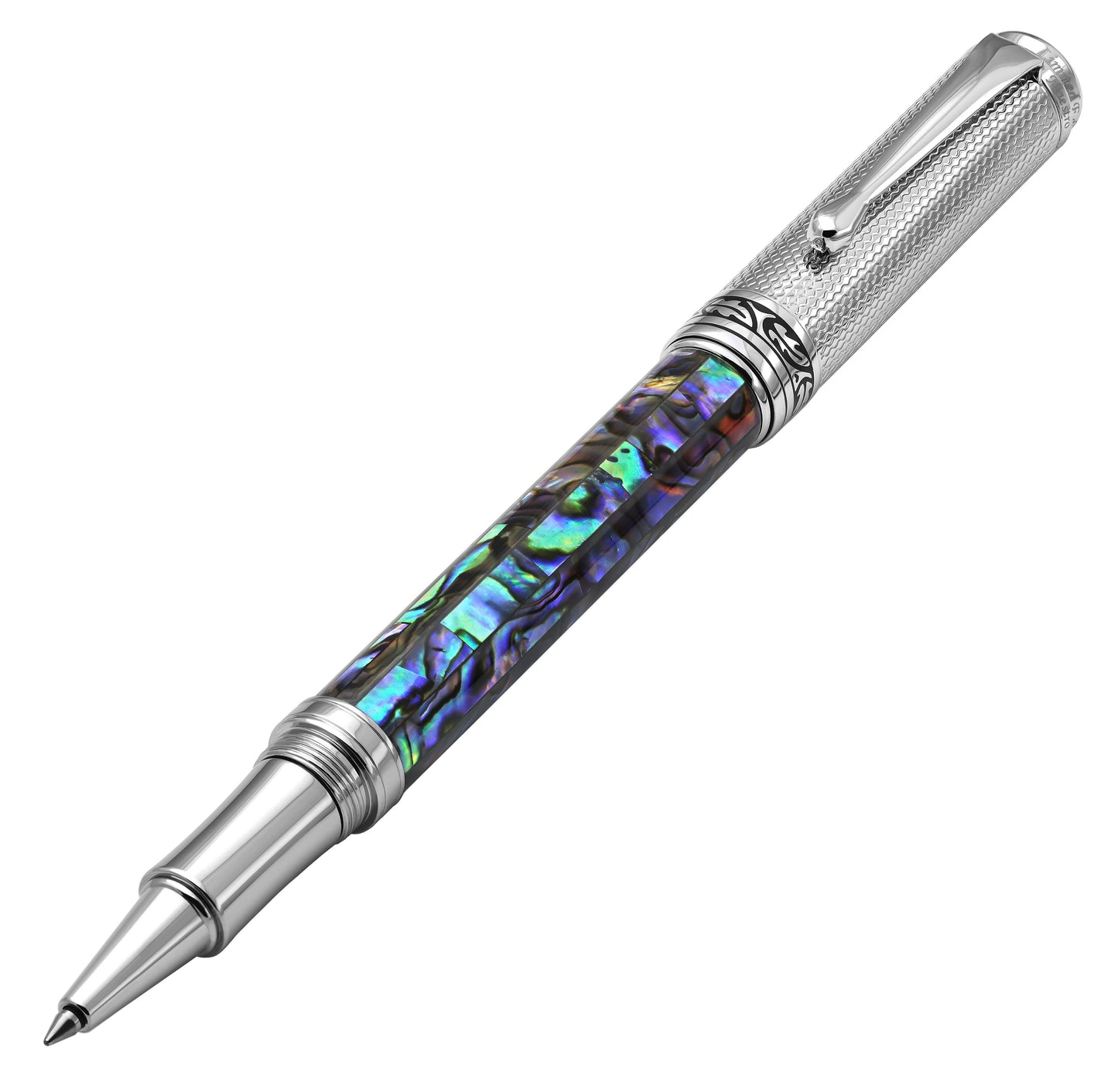 Xezo - Angled front view of the Maestro Paua Abalone Chrome R rollerball pen, with the cap posted on the end of the barrel