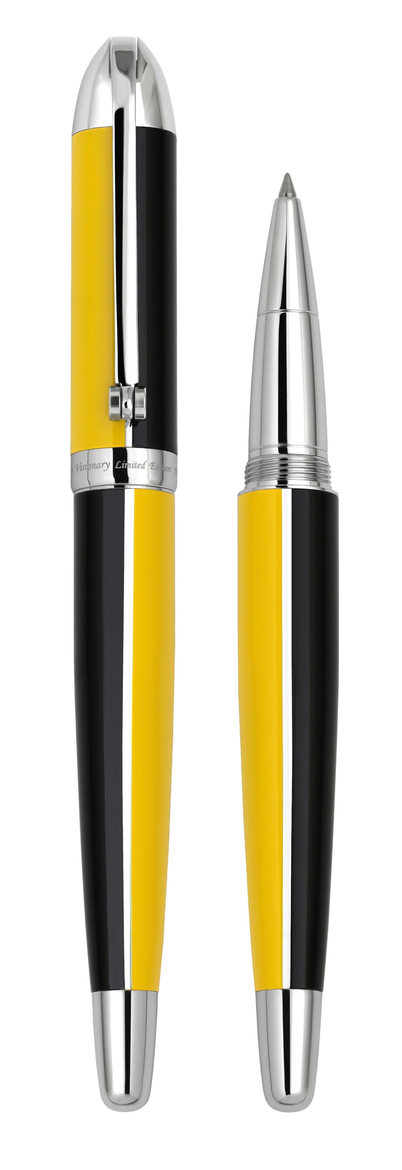 Xezo - Vertical view of two Visionary Speed Yellow/Black R rollerball pens. The pen on the left is capped, and the pen on the right has no cap