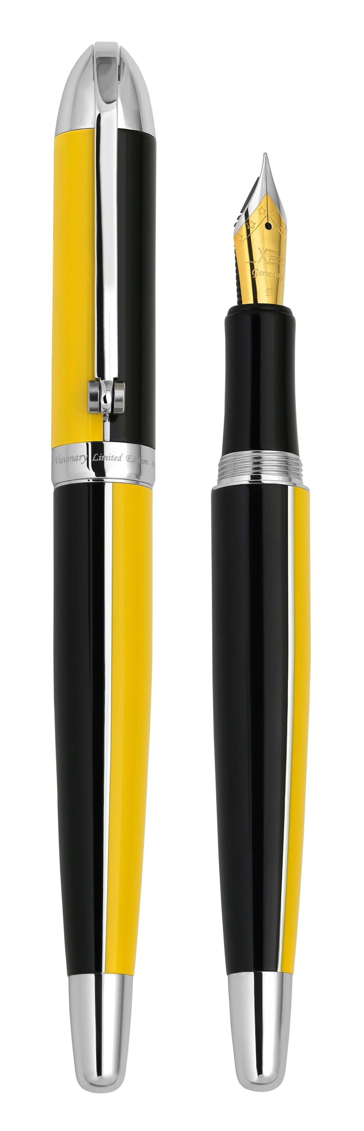 Xezo - Vertical view of two Visionary Speed Yellow/Black F fountain pens. The pen on the left is capped, and the pen on the right has no cap
