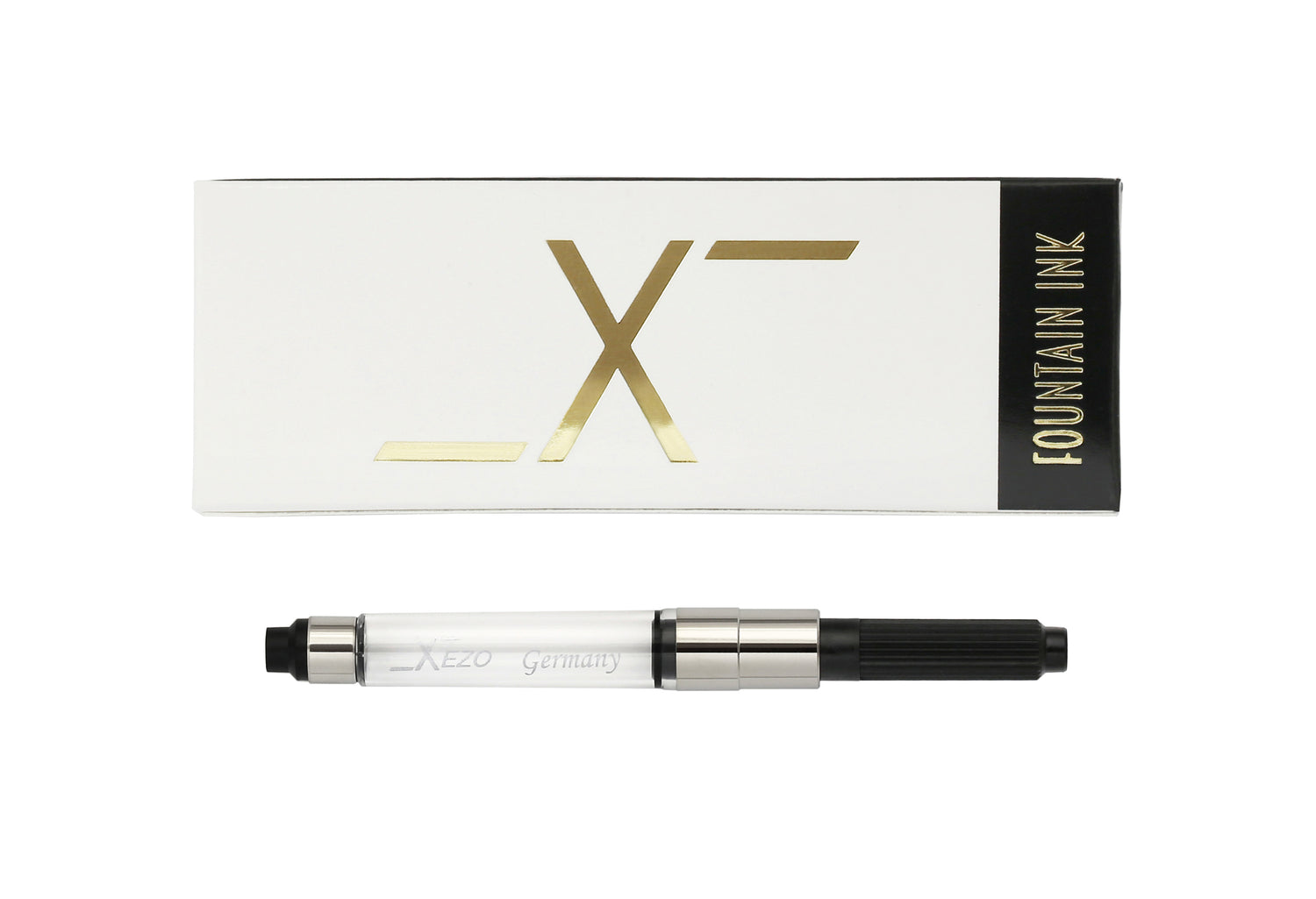 Chrome-plated fountain ink converter for Xezo fountain pens and a Xezo fountain ink box