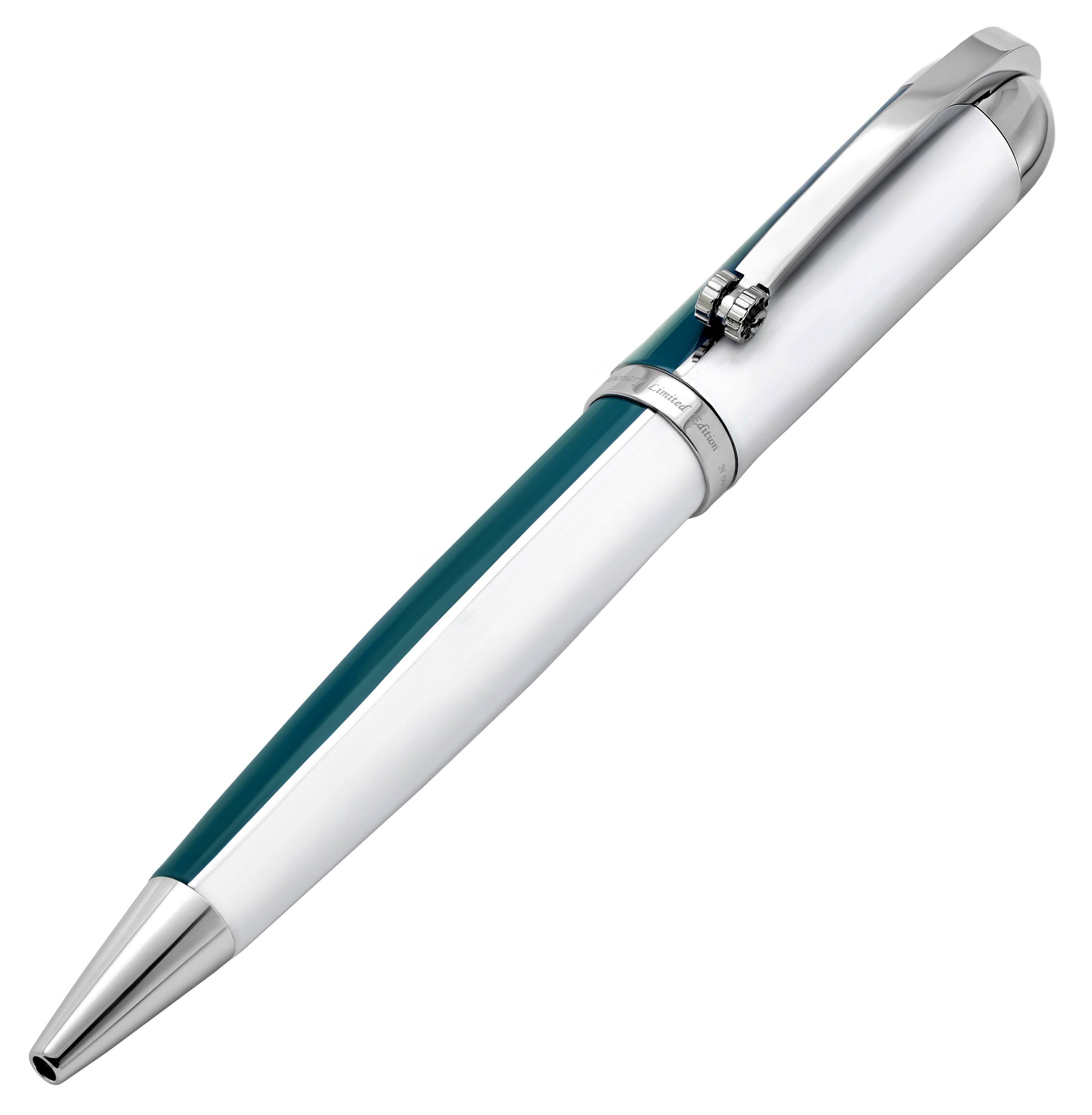 Xezo - Angled 3D view of the Visionary Teal Green/White B ballpoint pen in neutral-tip position