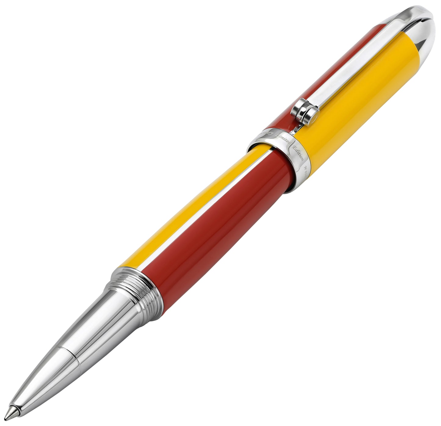 Xezo - Angled front view of the Visionary Aspen/Red R rollerball pen, with the cap posted on the end of the barrel