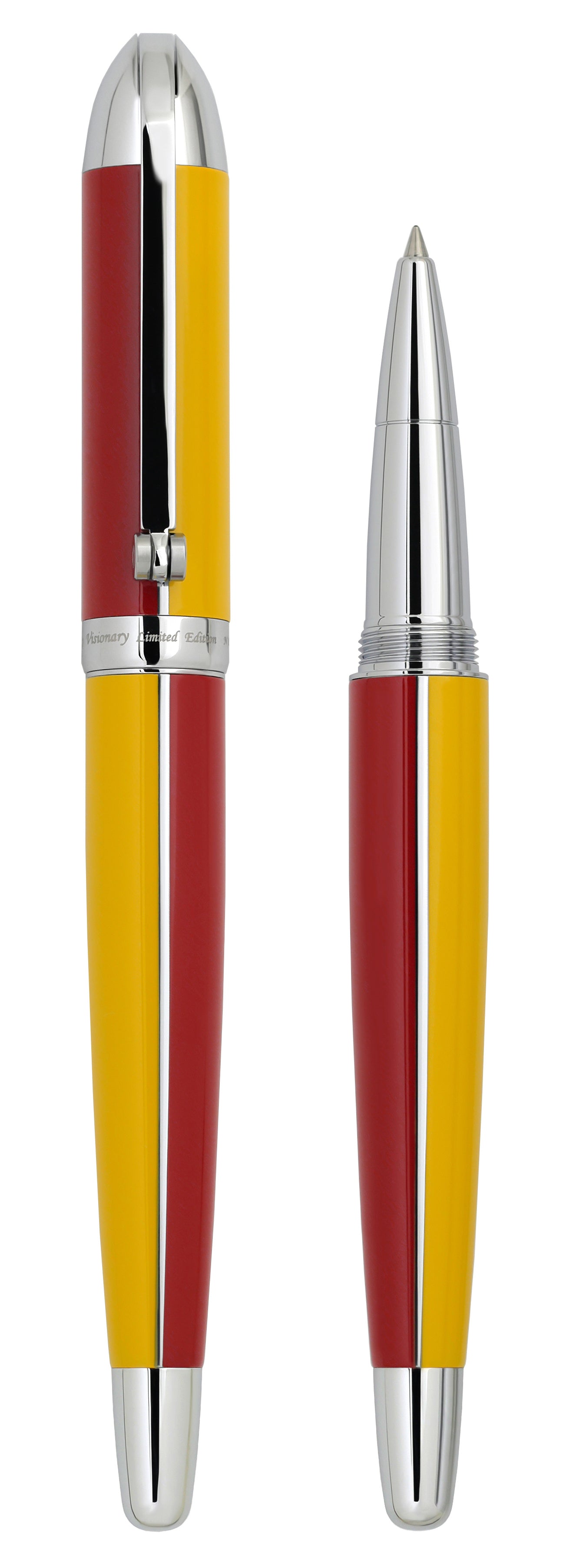 Xezo - Vertical view of two Visionary Aspen/Red R rollerball pens. The pen on the left is capped, and the pen on the right has no cap