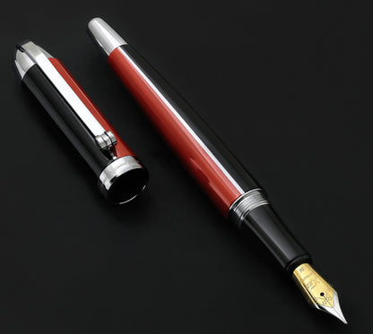 Xezo - Front overview of an uncapped Visionary Red/Black FM fountain pen with its cap next to it