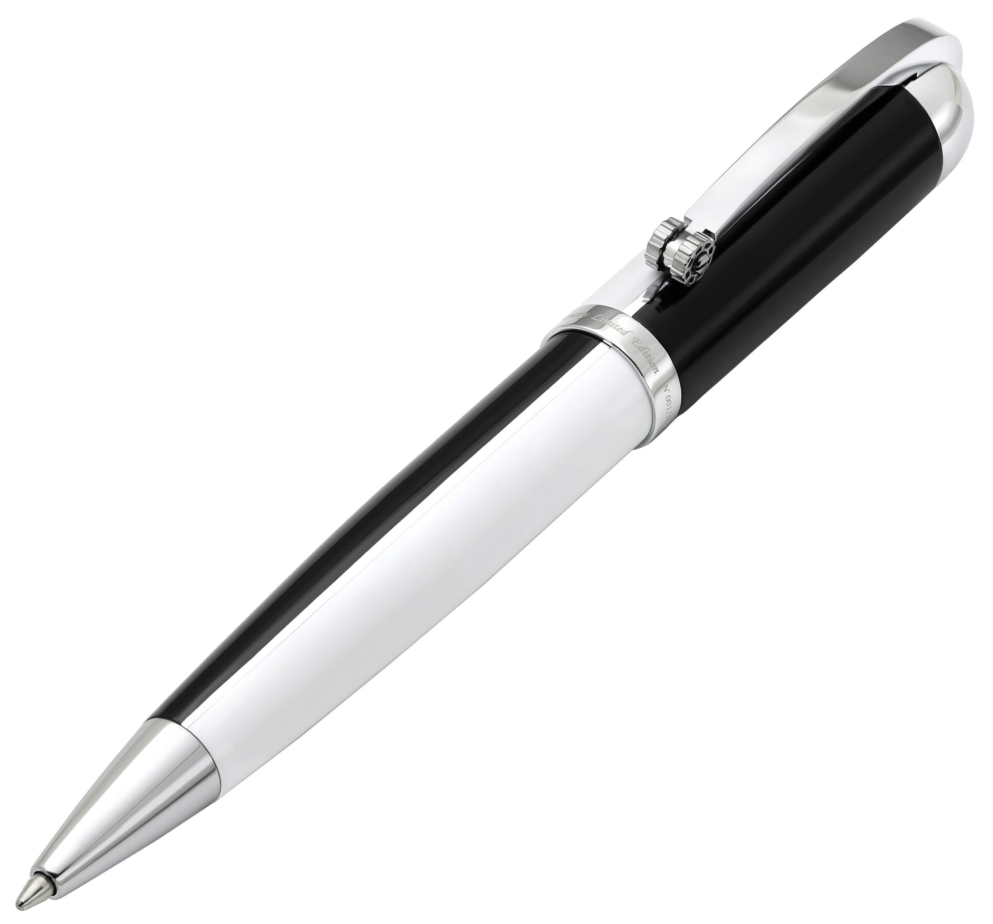 Xezo - Angled front view of the Visionary Black/White B ballpoint pen, with the writing point out