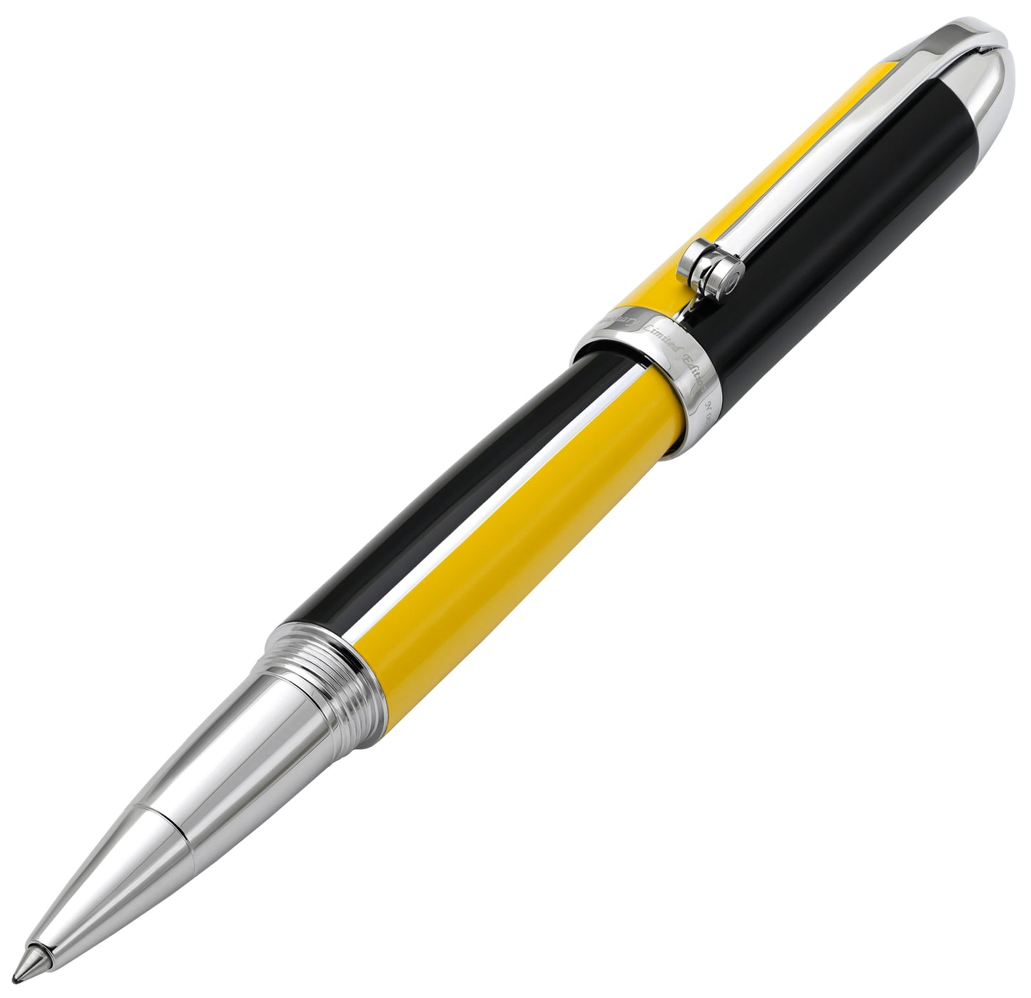 Xezo - Angled front view of the Visionary Speed Yellow/Black R rollerball pen, with the cap posted on the end of the barrel