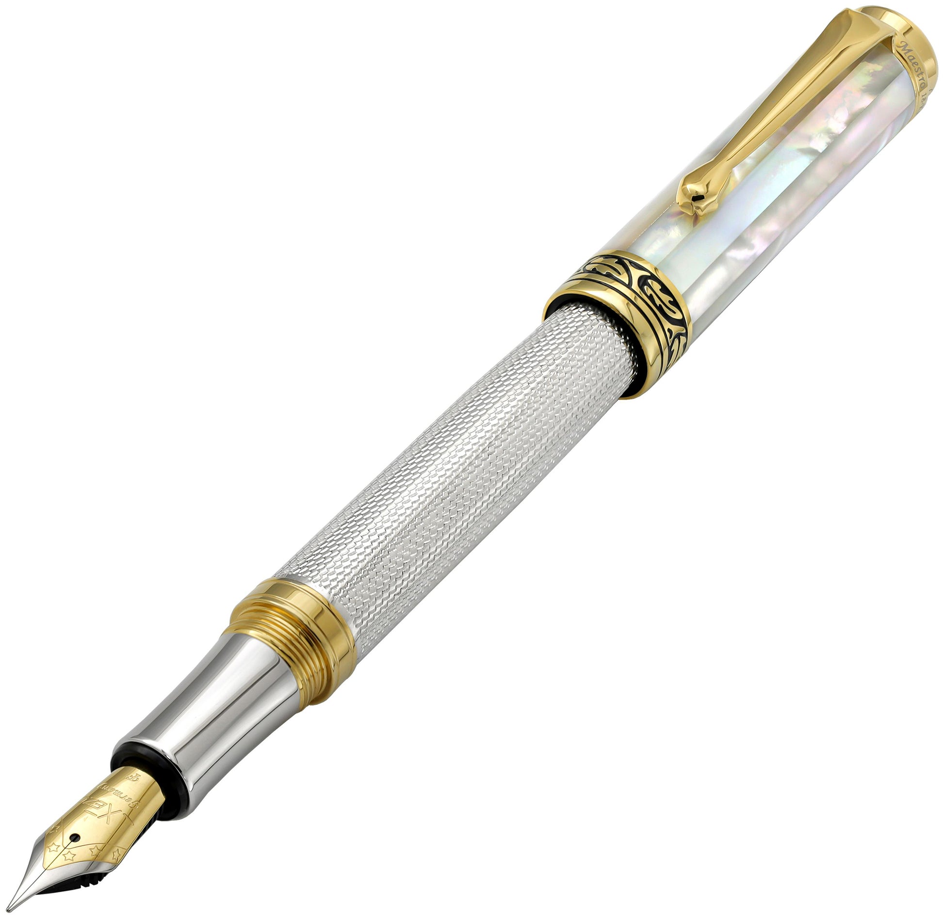 Xezo - Angled view of the front of the Maestro 925 White MOP F fountain pen