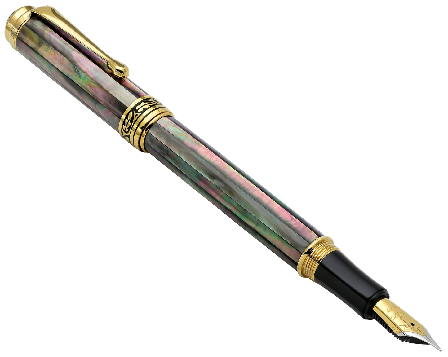 Xezo - Angled side view of the Maestro Tahitian Black MOP FM fountain pen, with the cap posted on the end of the barrel