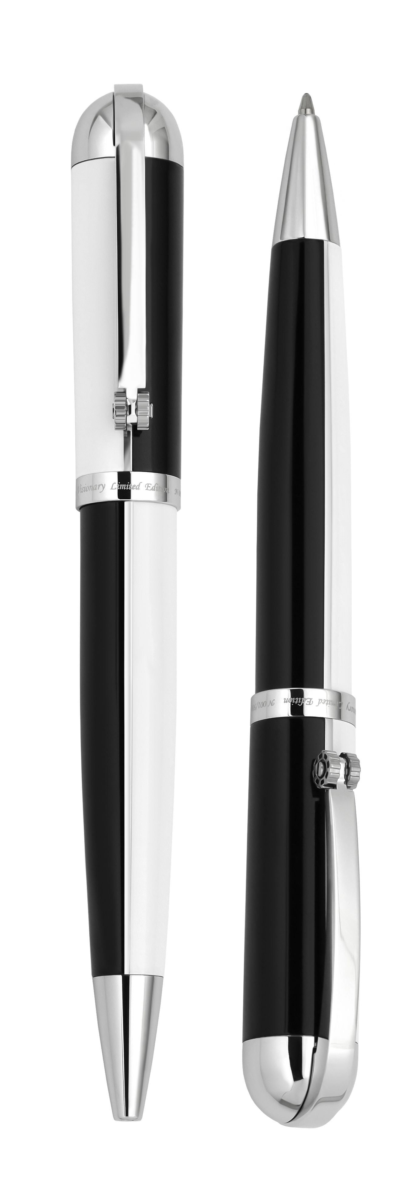 Xezo - Vertical view of two Visionary Black/White B ballpoint pens. The pen on the left is untwisted, and the pen on the right is twisted to show the writing point