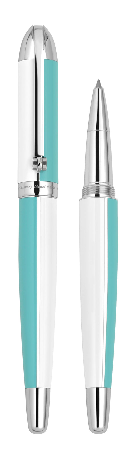 Xezo - Vertical view of two Visionary Sky Blue/White R rollerball pens. The pen on the left is capped, and the pen on the right has no cap