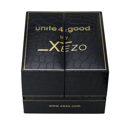 Xezo - Black gift box of the Air Commando D45-BM watch  with "unite 4: good by Xezo" printed on top and "www.xezo.com" printed on the front