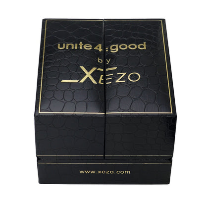 Xezo - Black gift box of the Air Commando D45-BU watch  with "unite 4: good by Xezo" printed on top and "www.xezo.com" printed on the front