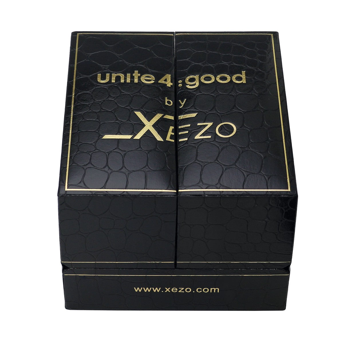 Xezo - Black gift box of the Air Commando D45-S watch with "unite 4 : good by Xezo" printed on top and "www.xezo.com" printed on the front 