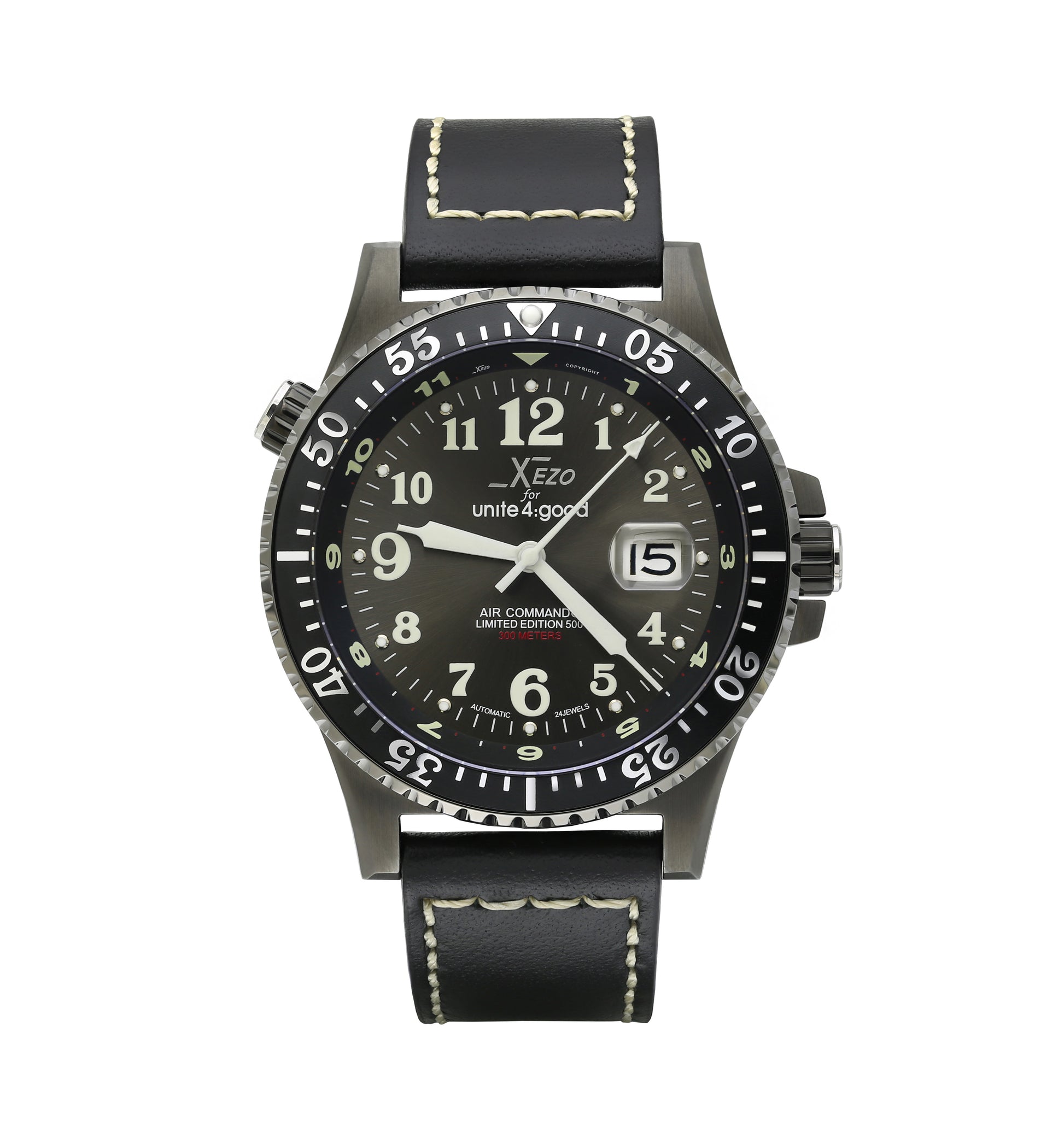 Xezo - Front view of the Air Commando D45-GL watch with black leather strap