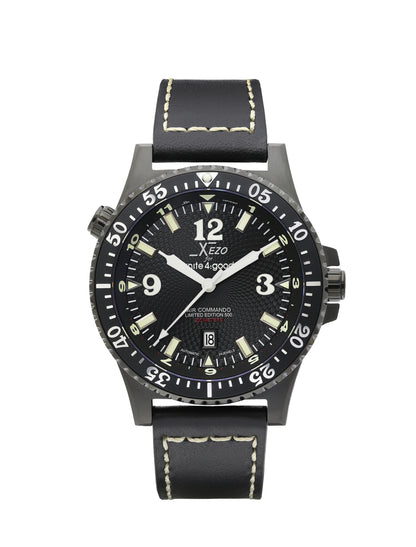 Xezo - Front view of the Air Commando D45-L watch with black leather strap