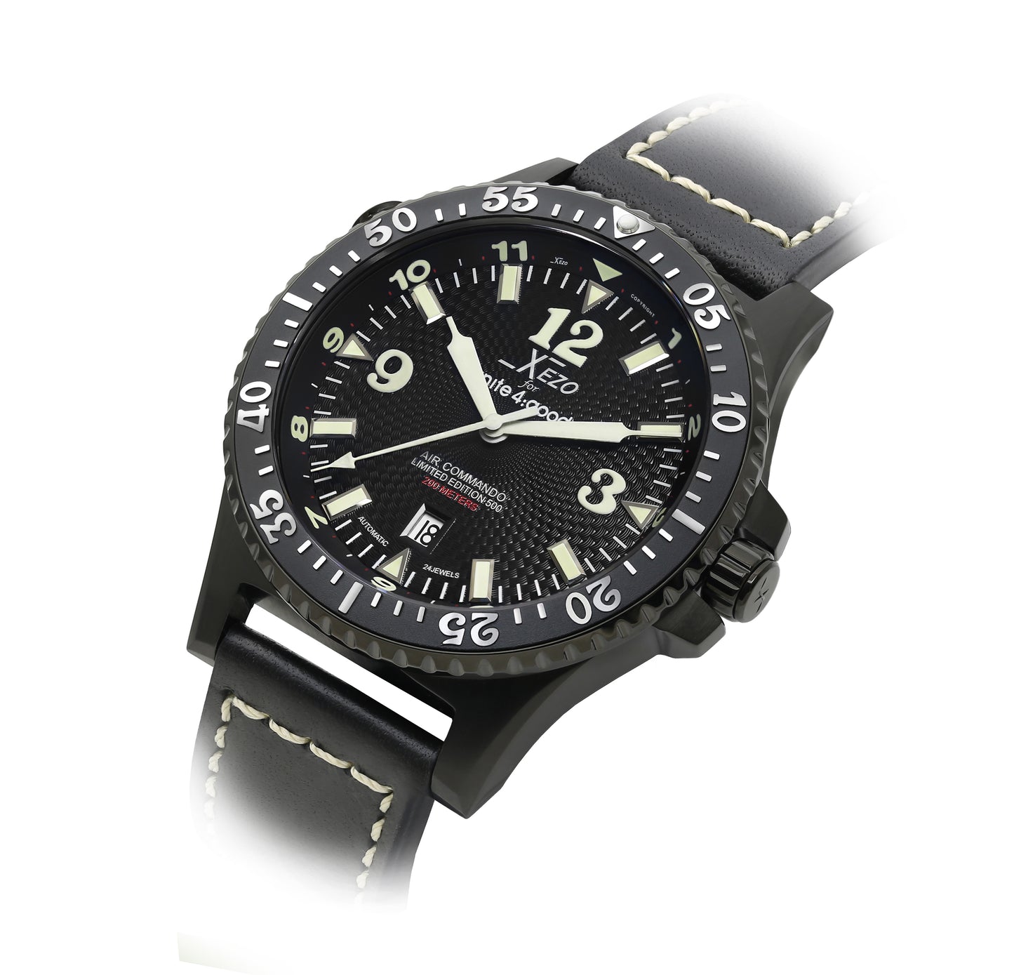 Xezo - Angled view of the front of the Air Commando D45-L watch with black leather strap