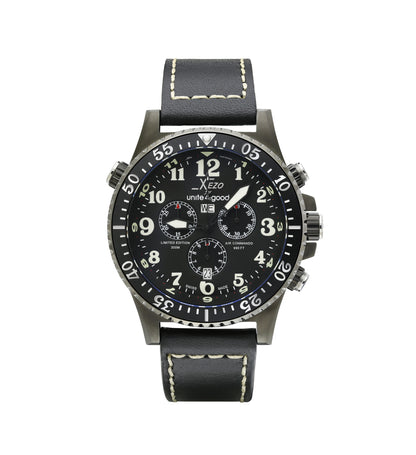 Xezo - Front view of the Air Commando D45-LB watch with black leather strap