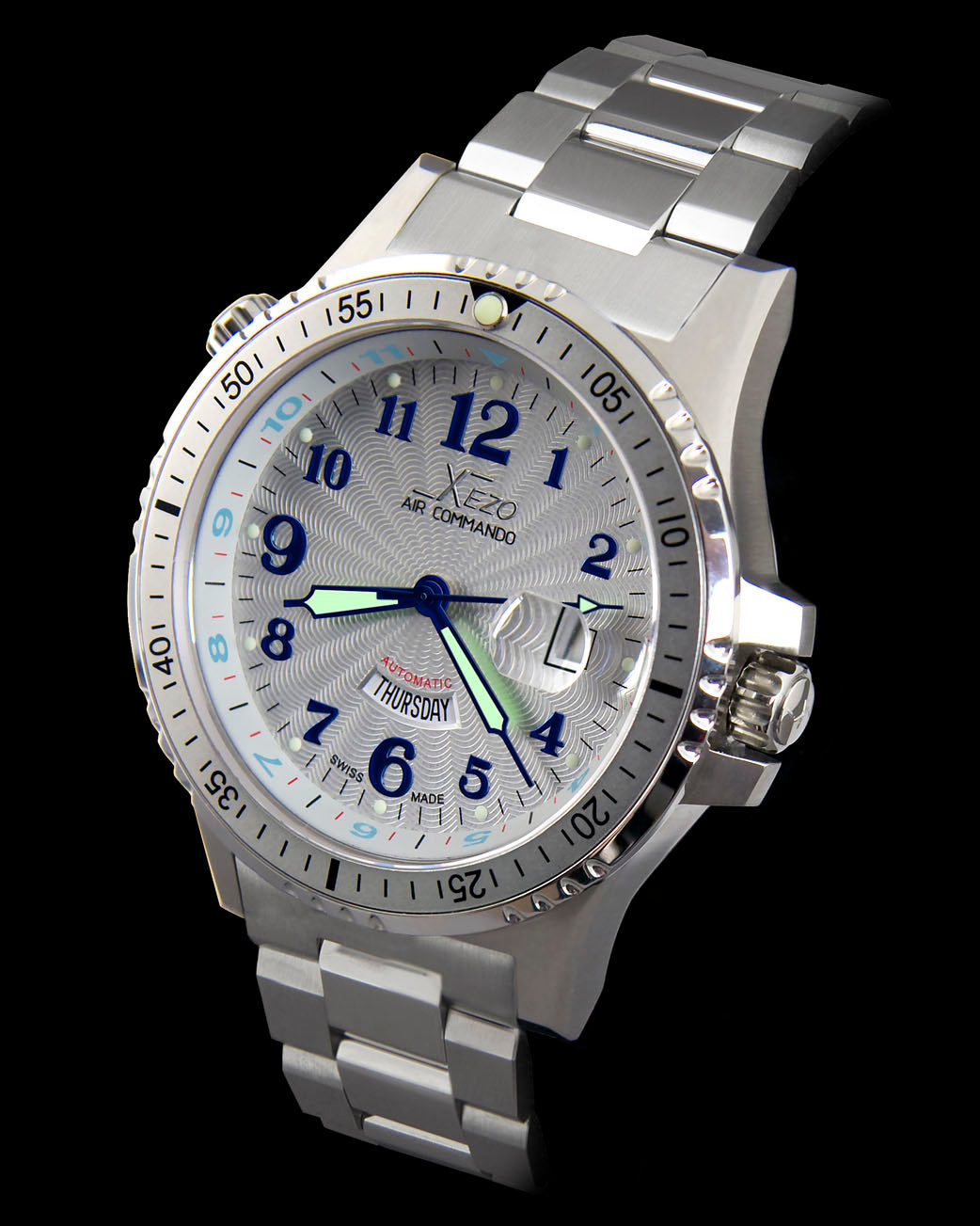 Xezo - Angled view of the front of the Air Commando D44 S (Silver Guilloché dial) watch