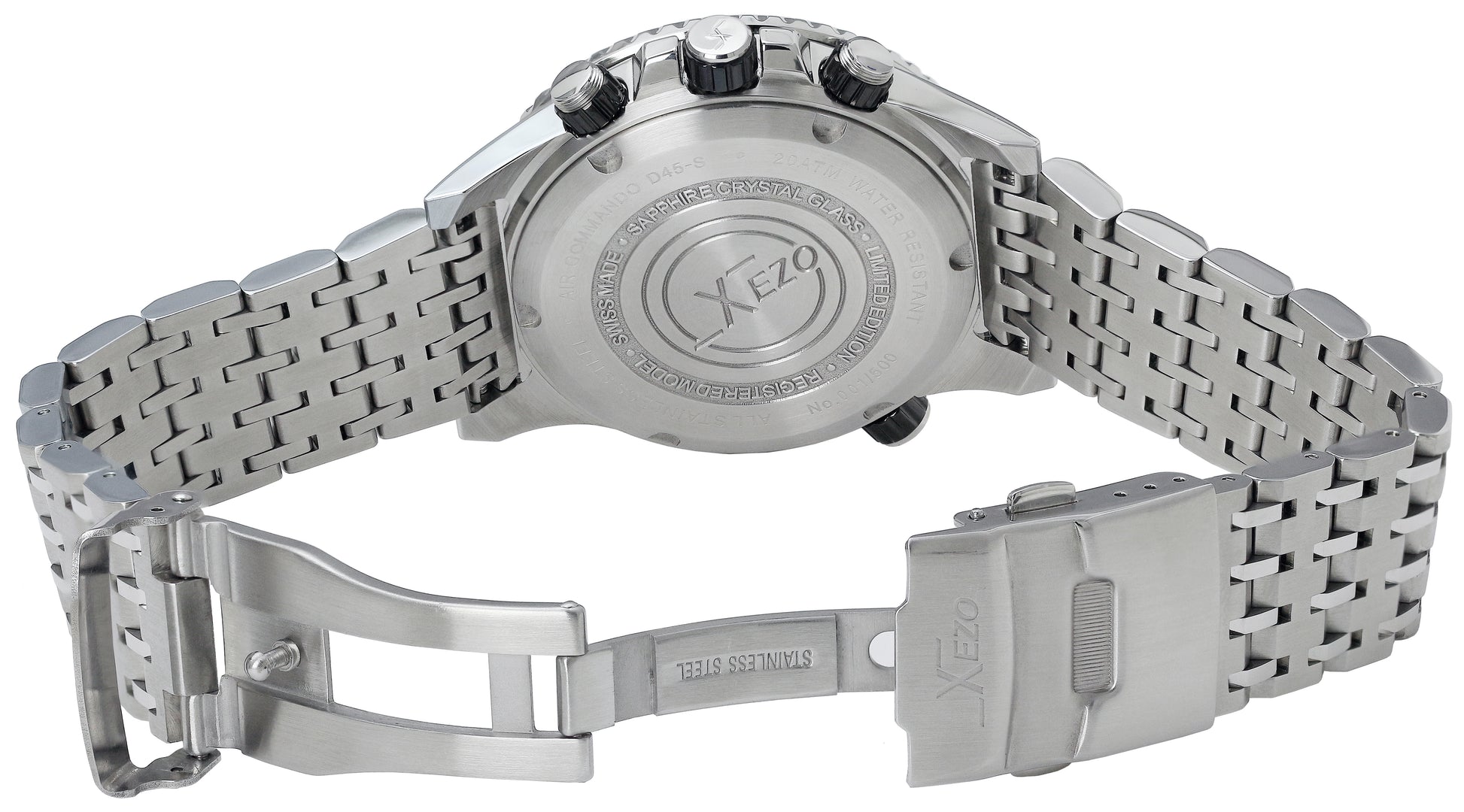 Xezo - Angled overview of the back of the Air Commando D45-S watch