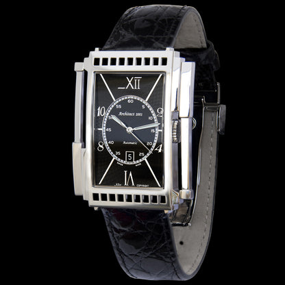 Xezo - Angled view of the front of the Architect 2001 BA Tank watch with black leather strap