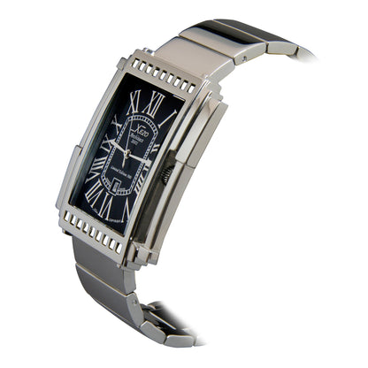 Xezo - Angled view of the side of the Architect 2001B Tank watch with stainless steel bracelet