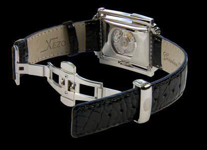 Xezo - Angled view of the back of the Architect 2001 BA Tank watch with black leather strap and stainless steel clasp