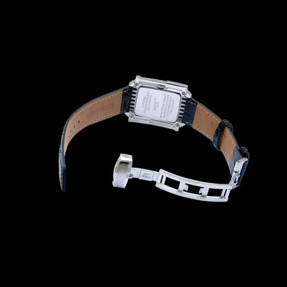 Xezo - Angled overview of the back of the Architect 2001 L-B Tank watch with black leather strap