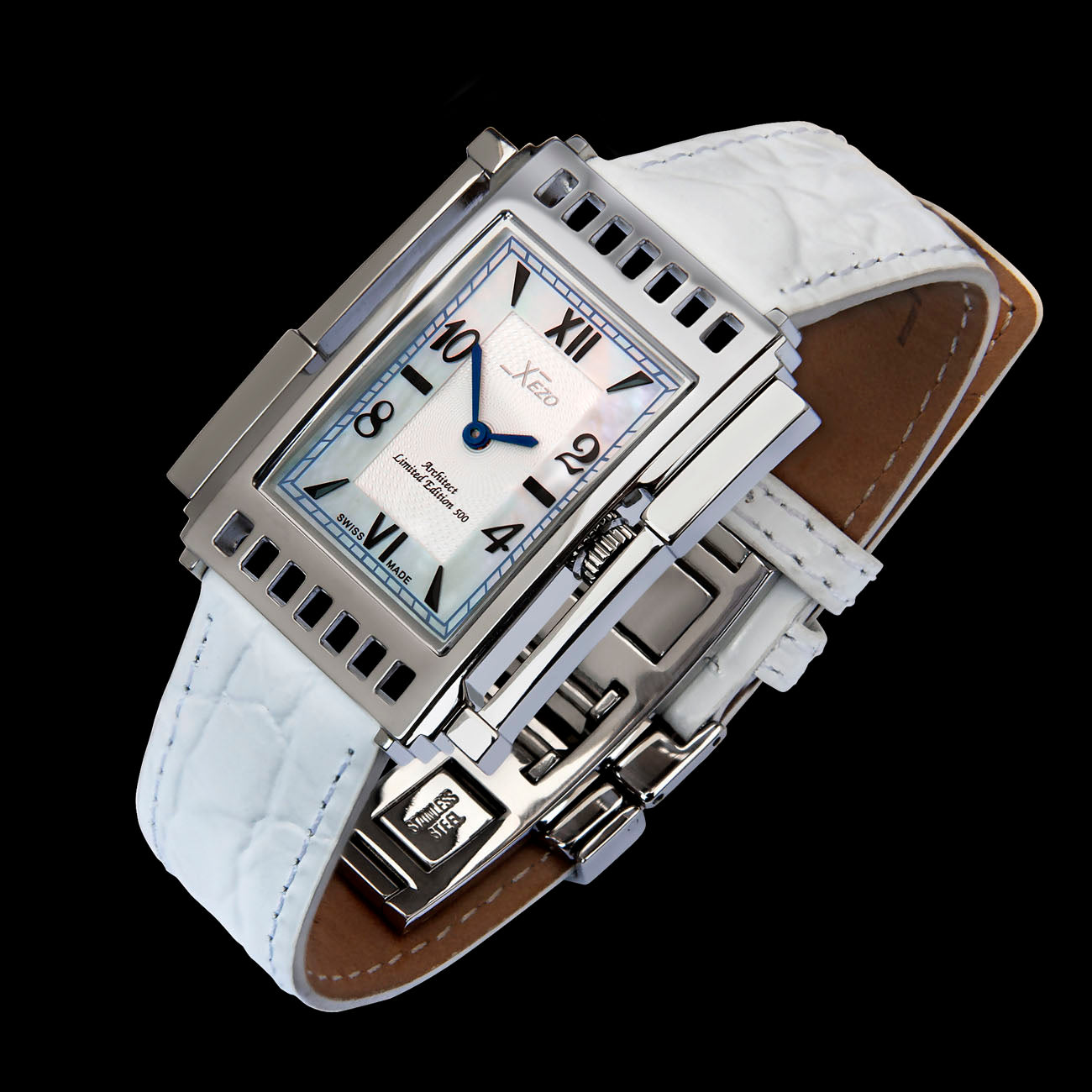 Xezo - Angled view of the front of the Architect 2001 L Tank watch with white leather strap