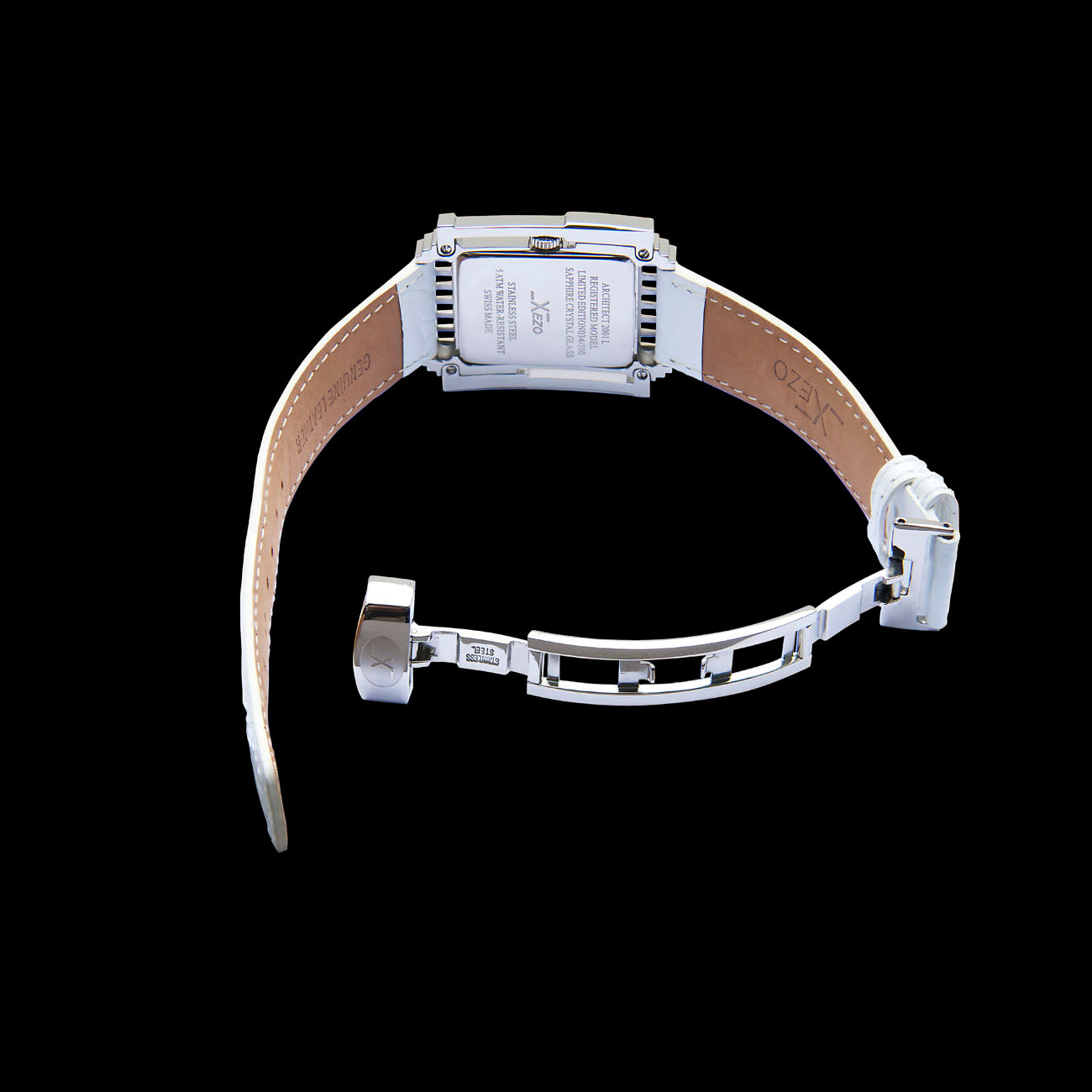 Xezo - Angled overview of the back of the Architect 2001 L Tank watch with white leather strap and stainless steel clasp