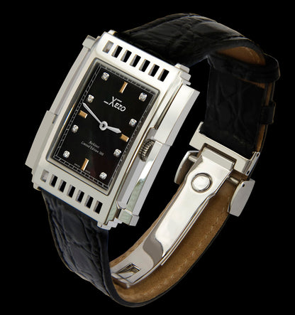 Xezo - Angled view of the front of the Architect 2001 LD Tank watch with leather strap