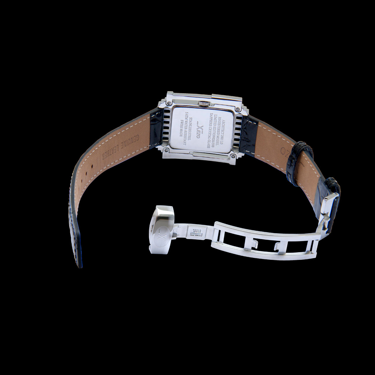Xezo - Angled overview of the back of the Architect 2001 LD Tank watch with leather strap and stainless steel clasp