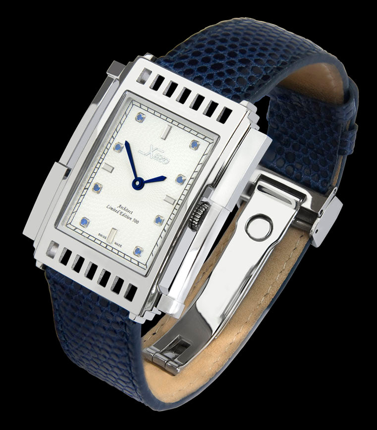 Xezo - Angled view of the front of the Architect 2001 LS. Ladies watch with blue leather strap