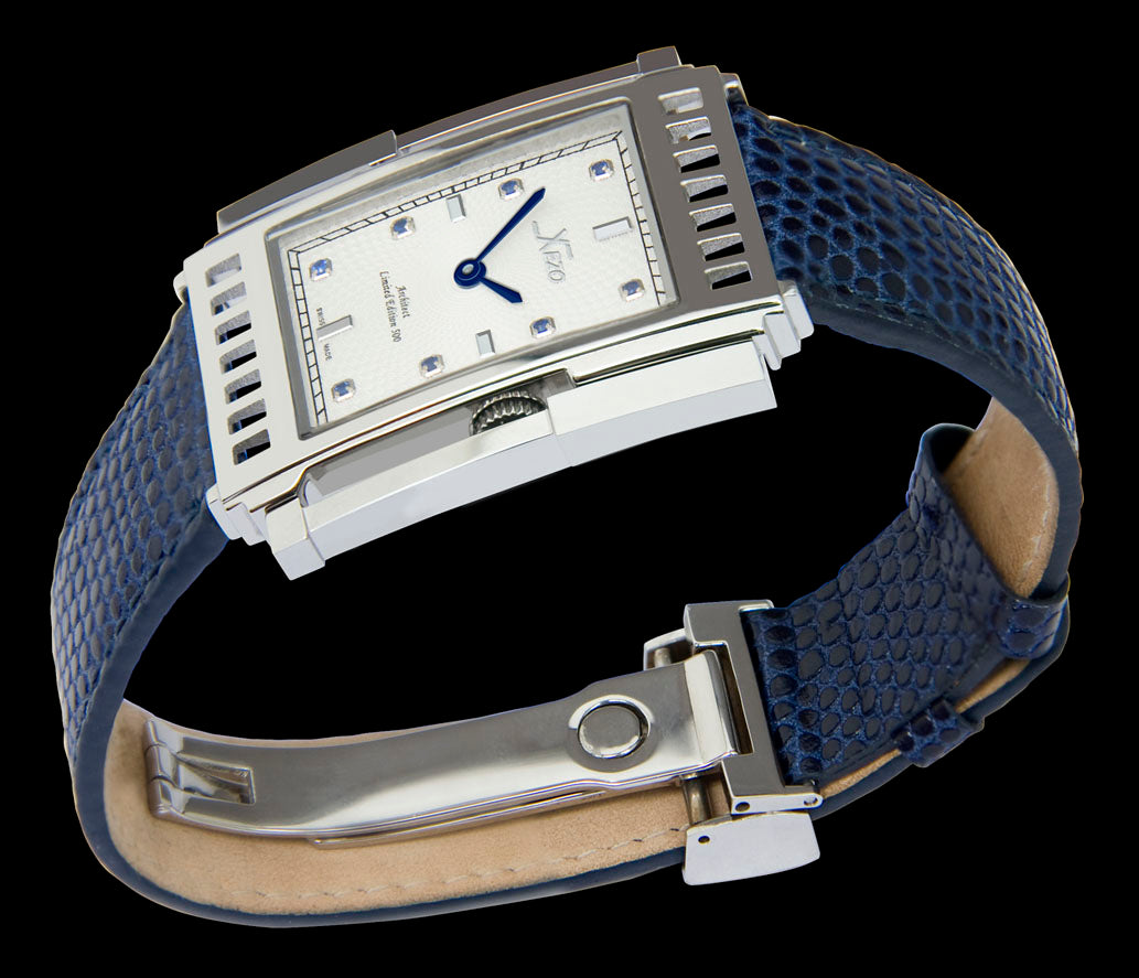 Xezo - Angled view of the side of the Architect 2001 LS. Ladies watch with blue leather strap