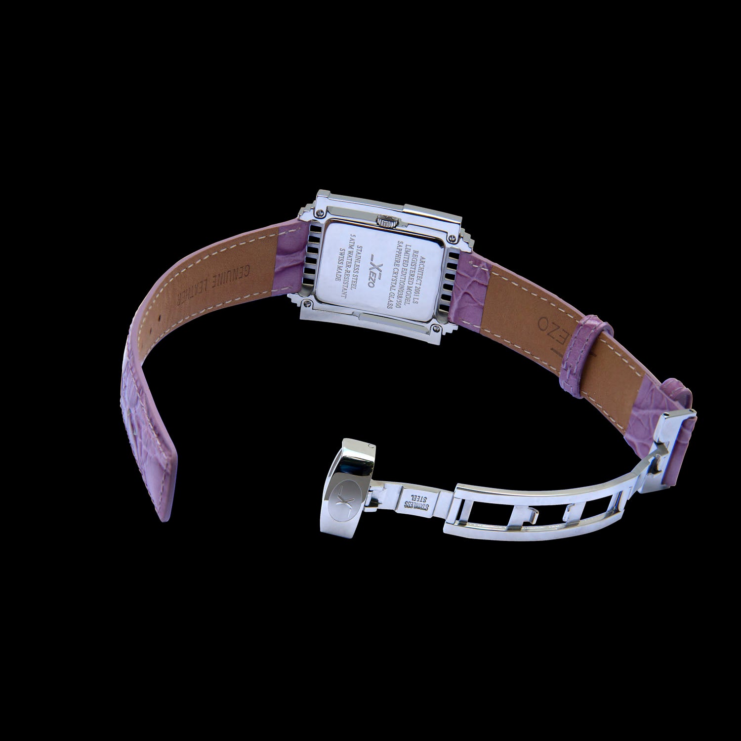 Xezo - Angled overview of the back of the Architect 2001 LS Tank watch with leather strap and stainless steel clasp