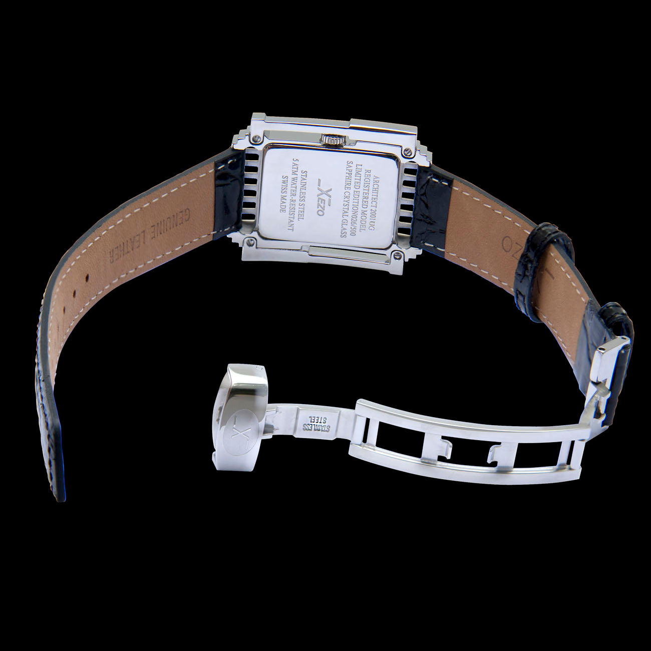 Xezo - Angled overview of the back of the Architect 2001 UG-B Tank watch with black leather strap and stainless steel clasp