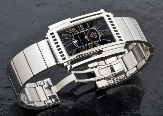Xezo - Angled overview of the front of the Architect 2001B Tank watch with stainless steel bracelet