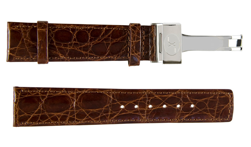 Xezo - Brown Crocodile Leather Band for Watches - 20 mm with Xezo logo engraved stainless steel clasp