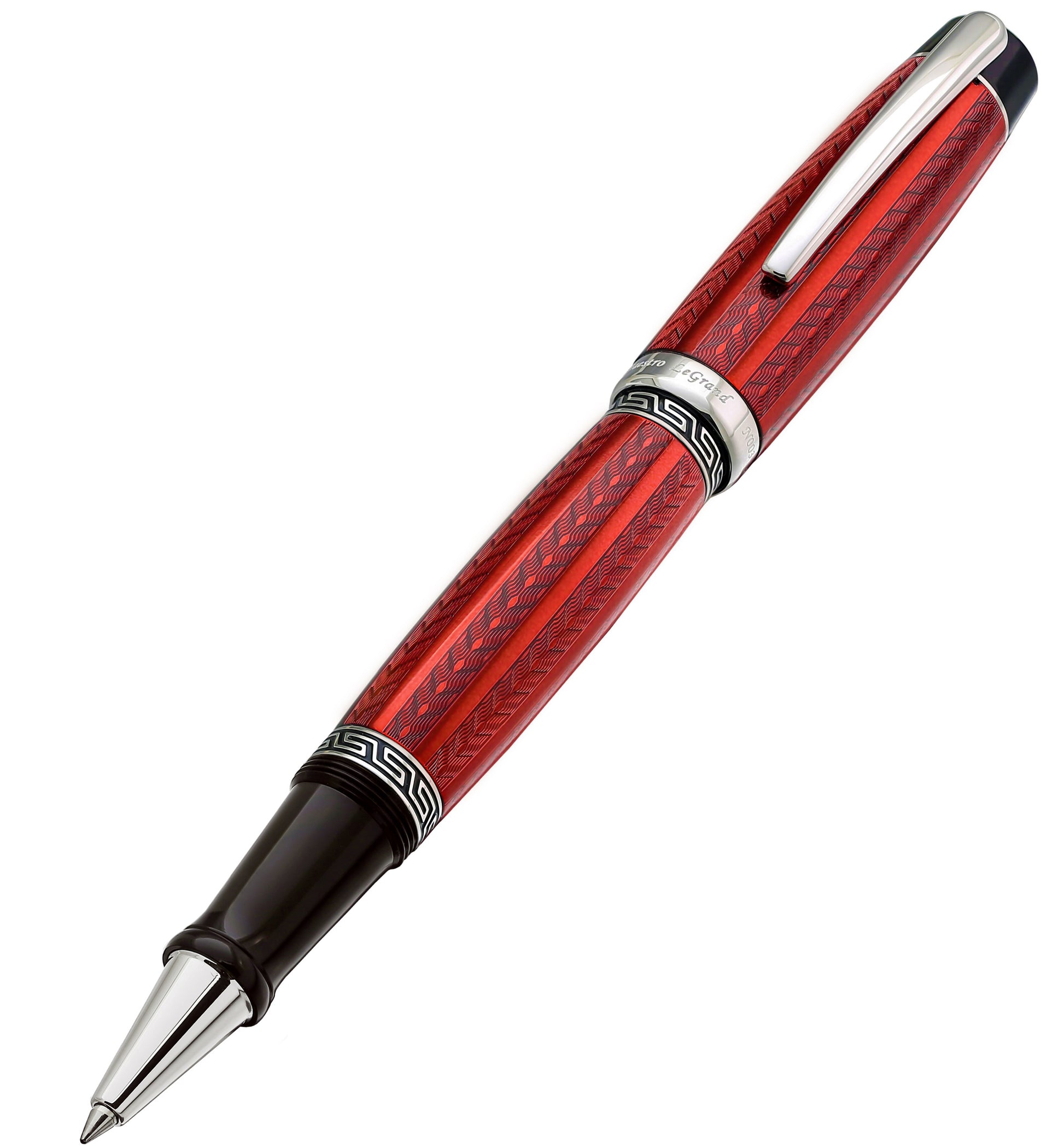 Xezo - Angled view of the front of the Maestro LeGrand Rhodochrosite  R rollerball pen
