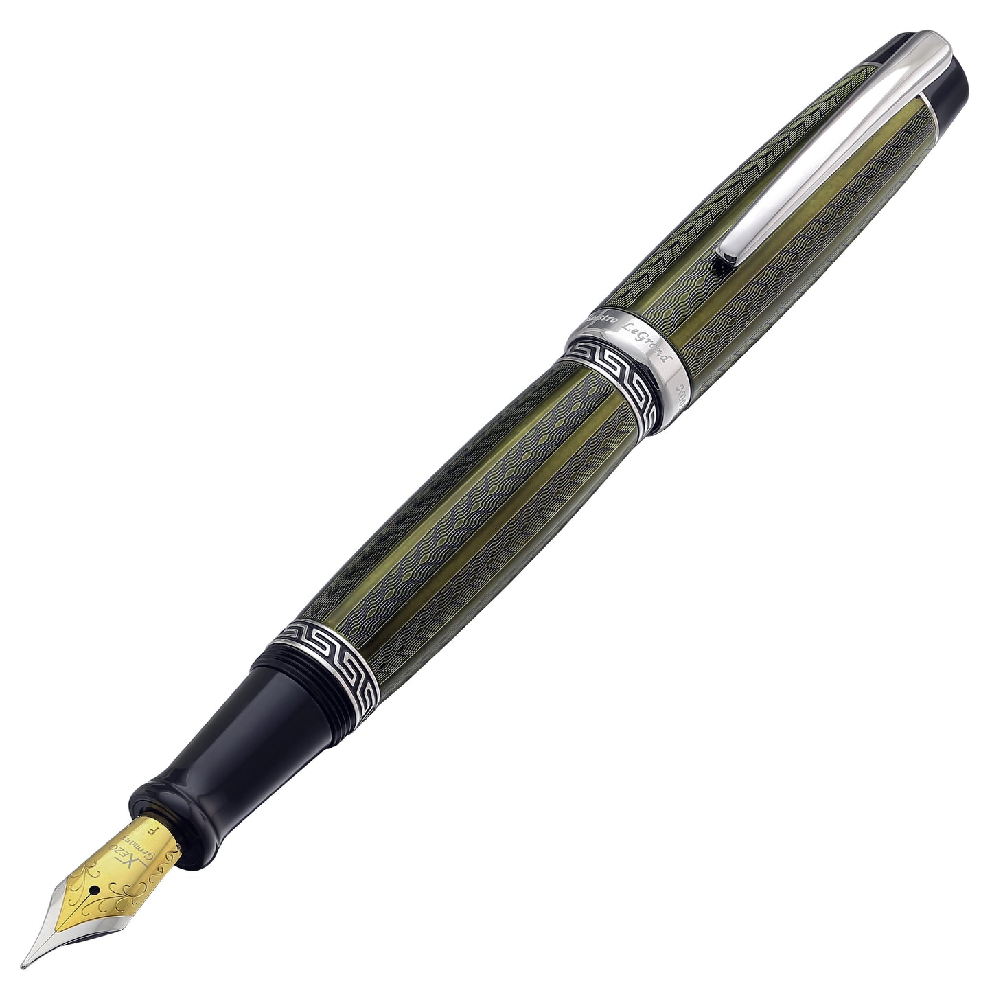 Xezo - Angled front view of the Maestro LeGrand Moldavite F fountain pen