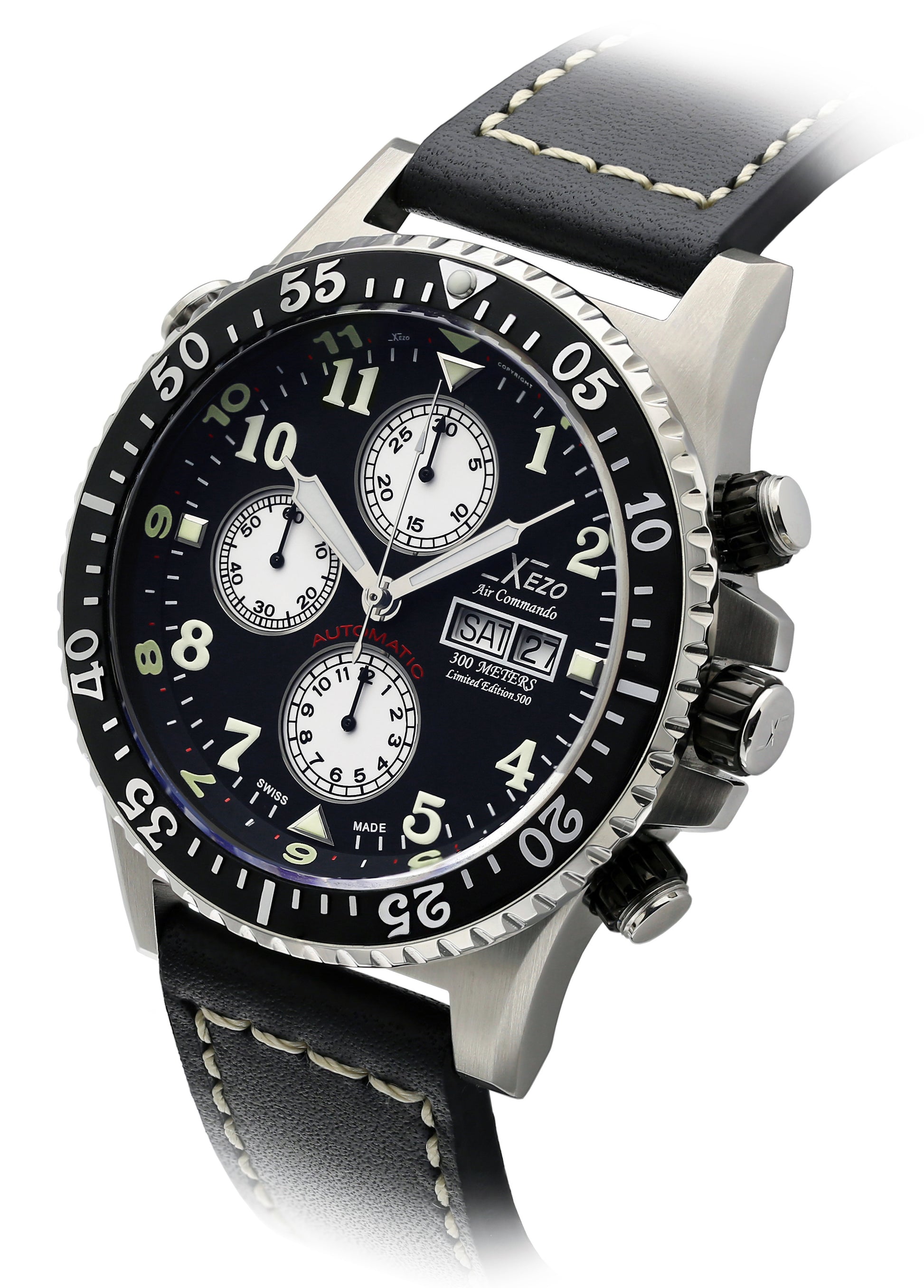 Xezo - Angled view of the front of the  Air Commando D45 7750-1 watch with black leather strap