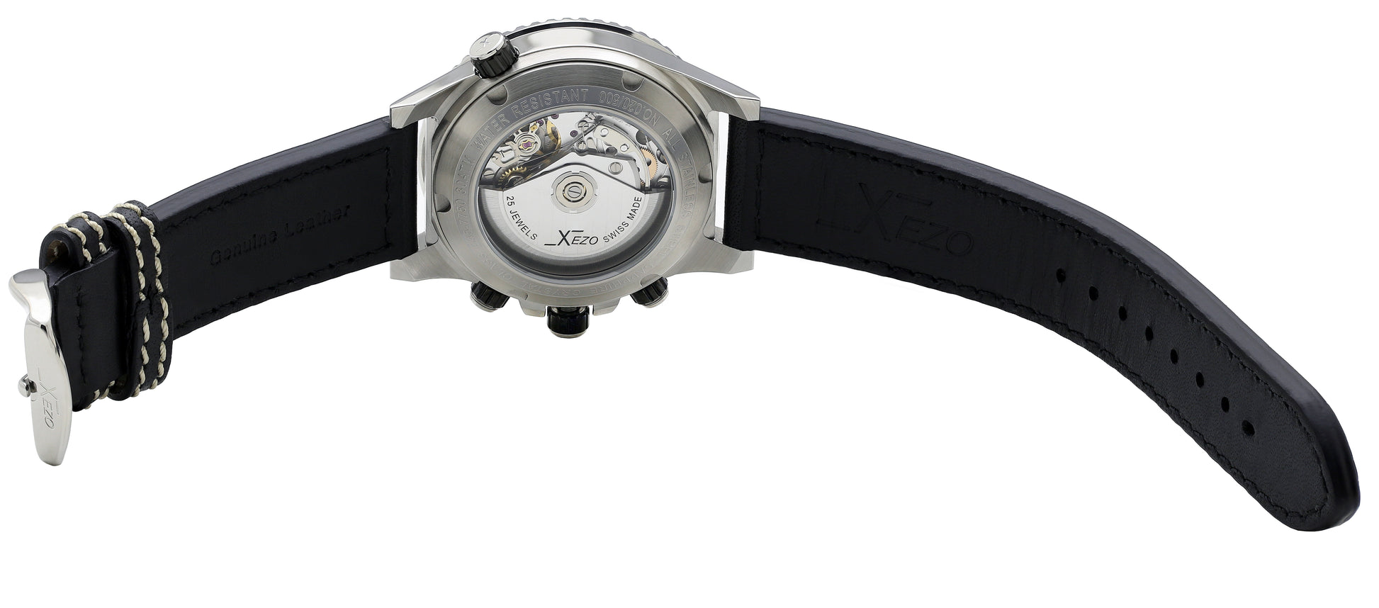 Xezo - Back overview of the Air Commando D45 7750-1 watch with black leather strap