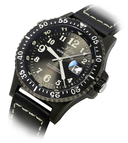 Xezo - Angled view of the front of the Air Commando D45-GL watch with black leather strap