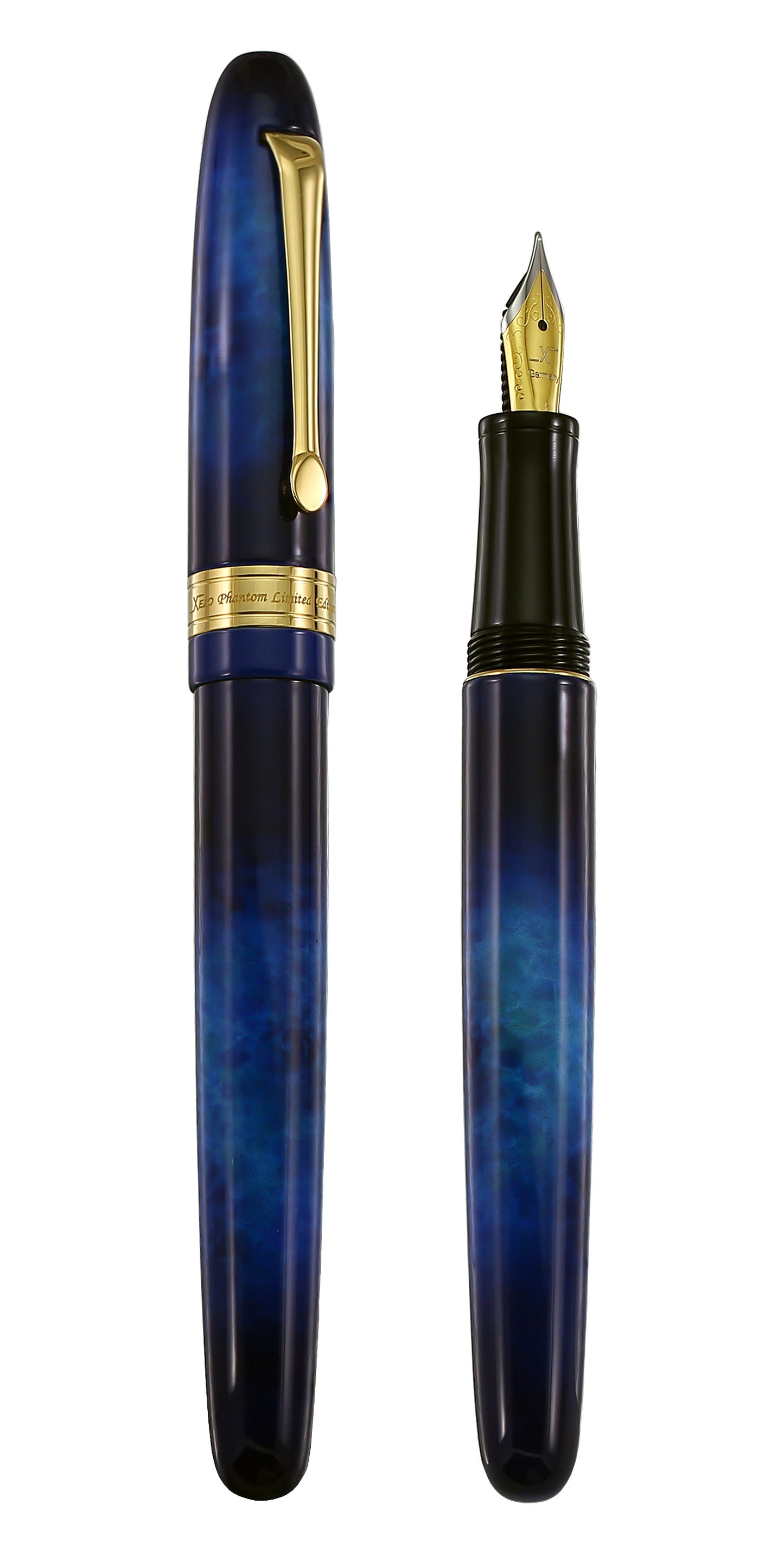 Xezo – Comparison between 3/4 view of the capped and uncapped Phantom Stardust FM fountain pen
