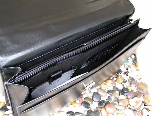 Xezo - Angled view of the inside compartments of the  Black Leather Briefcase