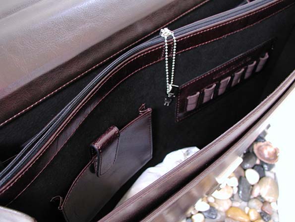 Xezo - Inside view of the Brown Leather Briefcase displaying compartments