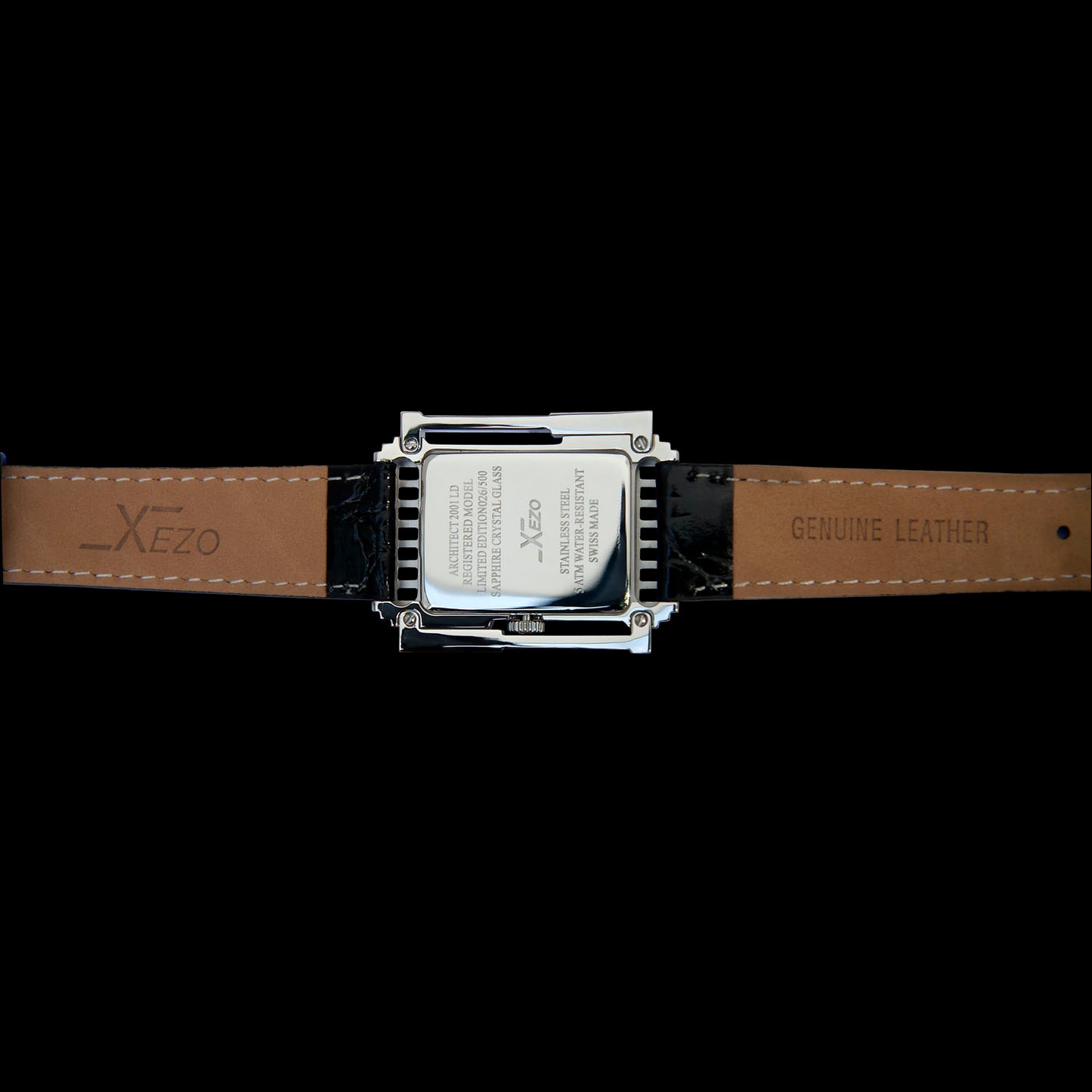 Xezo - Overview of the back of the Architect 2001 LD Tank watch with leather strap