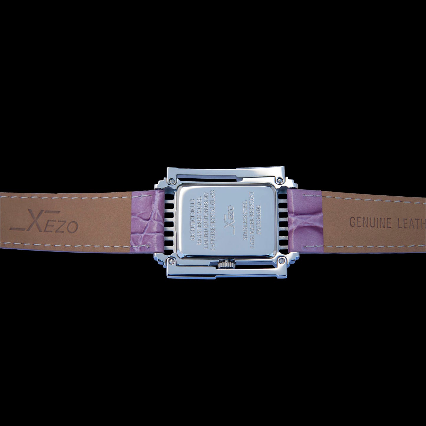 Xezo - Case back of the Architect 2001 LS Tank watch with leather strap