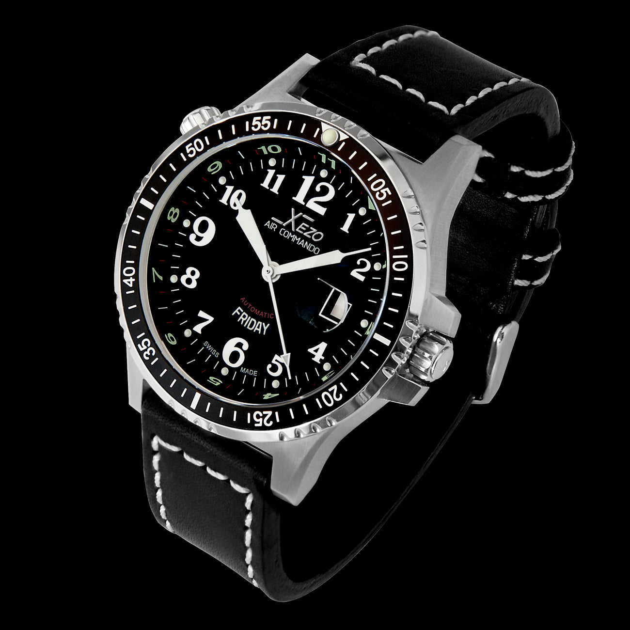 Xezo - Angled view of the front of the Air Commando D44-L watch with black leather strap
