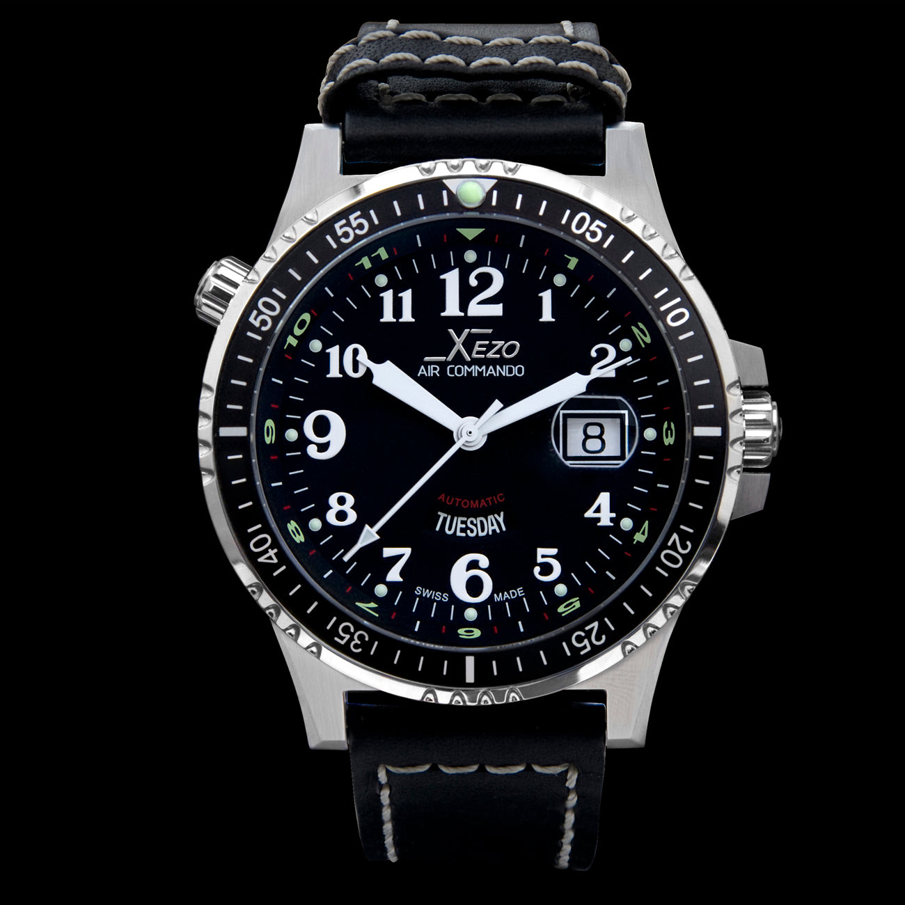 Xezo - Front view of the Air Commando D44-L watch with black leather strap