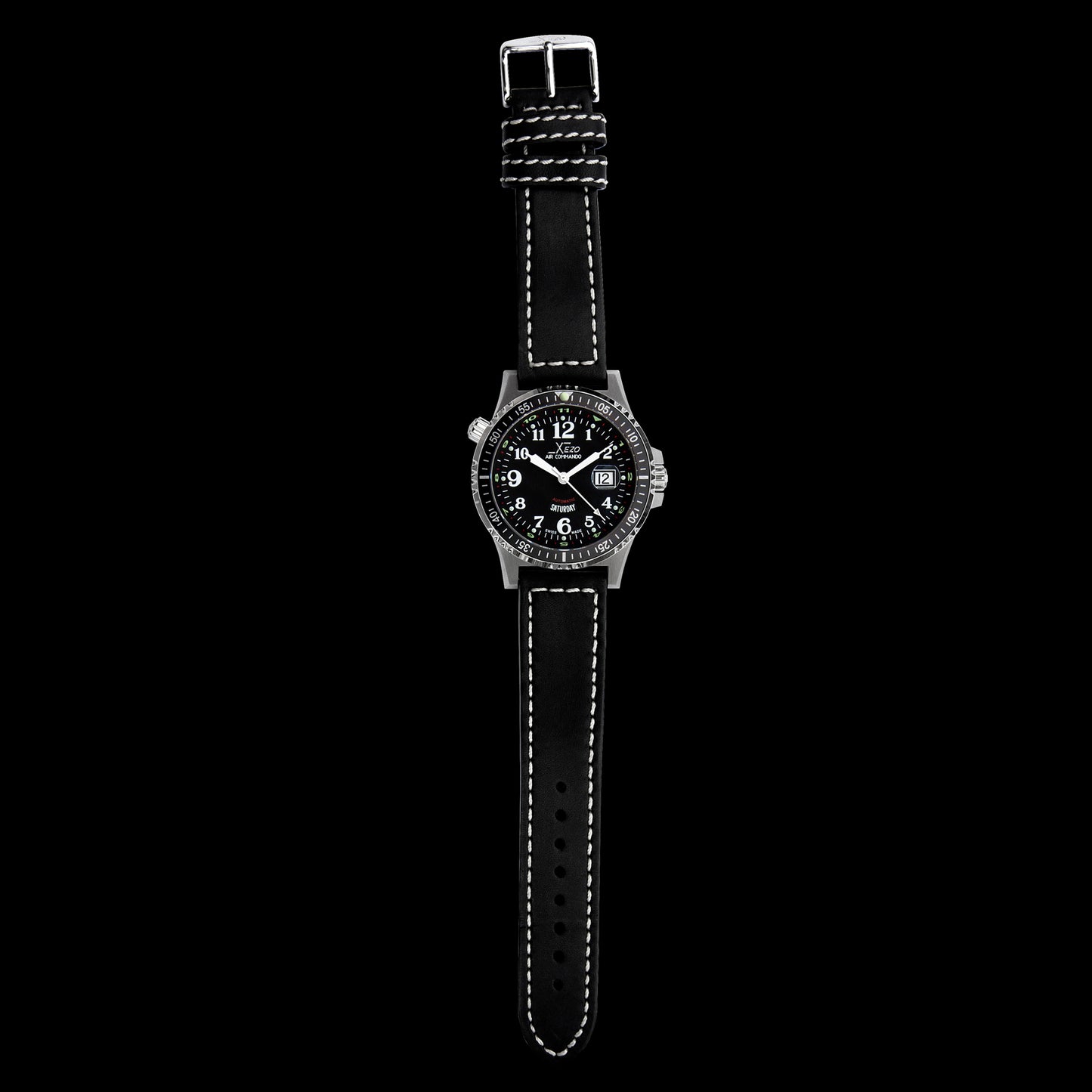 Xezo - Front overview of the Air Commando D44-L watch with black leather strap